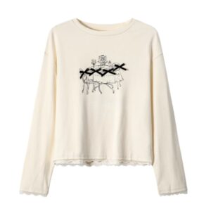 French Lace-Trimmed Casual Printed Long-Sleeve Top — Apricot