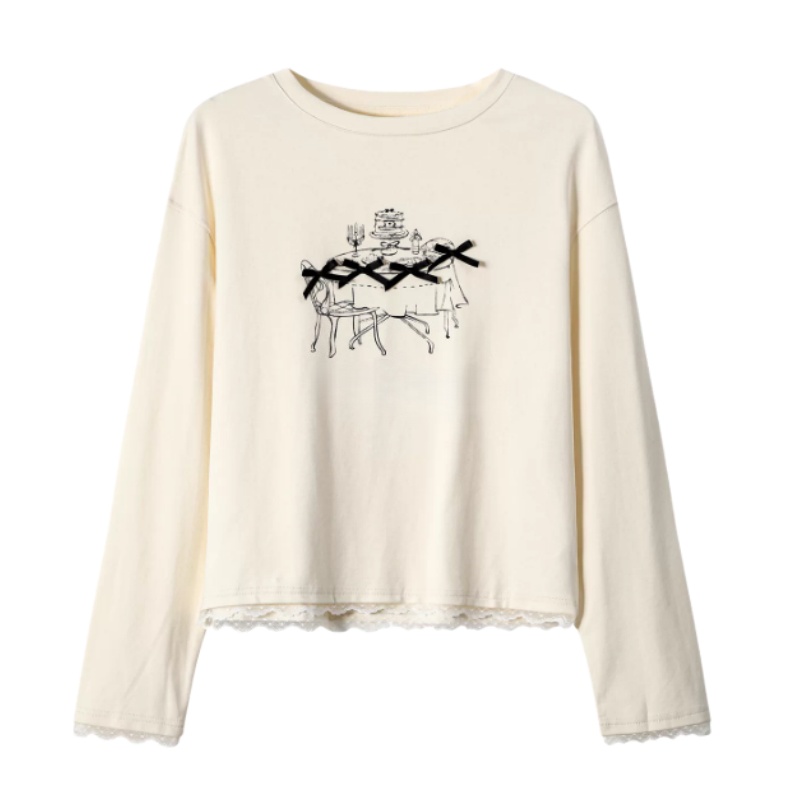 French Lace-Trimmed Casual Printed Long-Sleeve Top — Apricot