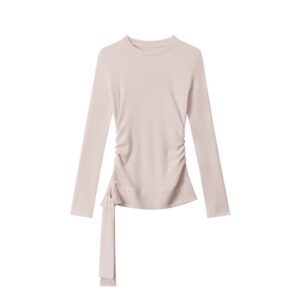 Waist-Defining Long-Sleeve Top — Pink (Elegant Style)
