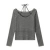 Stylish Striped Halter-Neck Long-Sleeve Top — Black