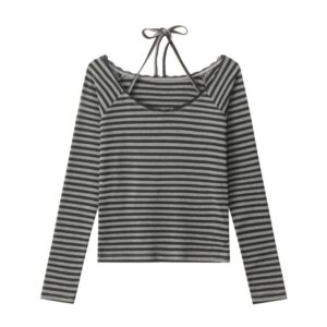 Stylish Striped Halter-Neck Long-Sleeve Top — Black