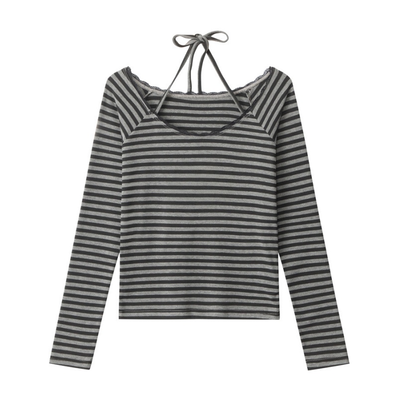 Stylish Striped Halter-Neck Long-Sleeve Top — Black