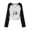 Retro Pleated Long-Sleeve Top — Black & White Colorblock
