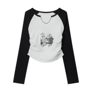 Retro Pleated Long-Sleeve Top — Black & White Colorblock