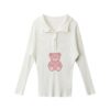 White Long-Sleeve Knit Top With Pink Teddy Bear Print