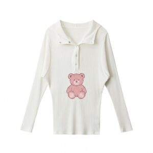White Long-Sleeve Knit Top With Pink Teddy Bear Print