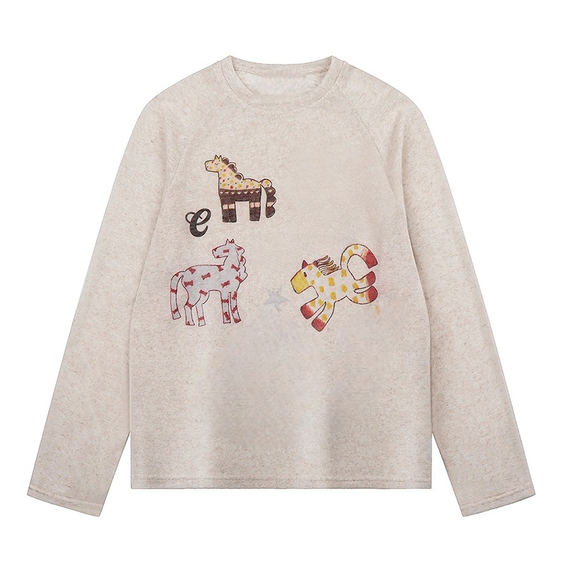 Cute Pony Print Long-Sleeve Top — Apricot