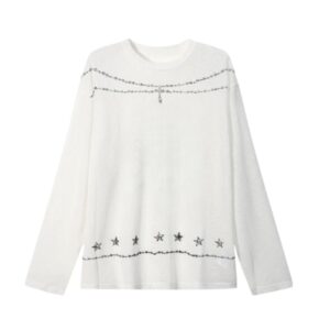 White Long-Sleeve Top With Black Beaded Chain Pattern