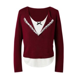 Long-Sleeve Top With Lace Trim And Bowknot Accents — Red