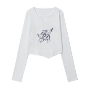 V-Neck Cropped Long-Sleeve Top With Angel Print — White