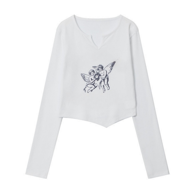 V-Neck Cropped Long-Sleeve Top With Angel Print — White