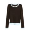 Color-Block Crew Neck Irregular Long-Sleeve Top — Coffee Brown