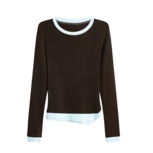 Color-Block Crew Neck Irregular Long-Sleeve Top — Coffee Brown