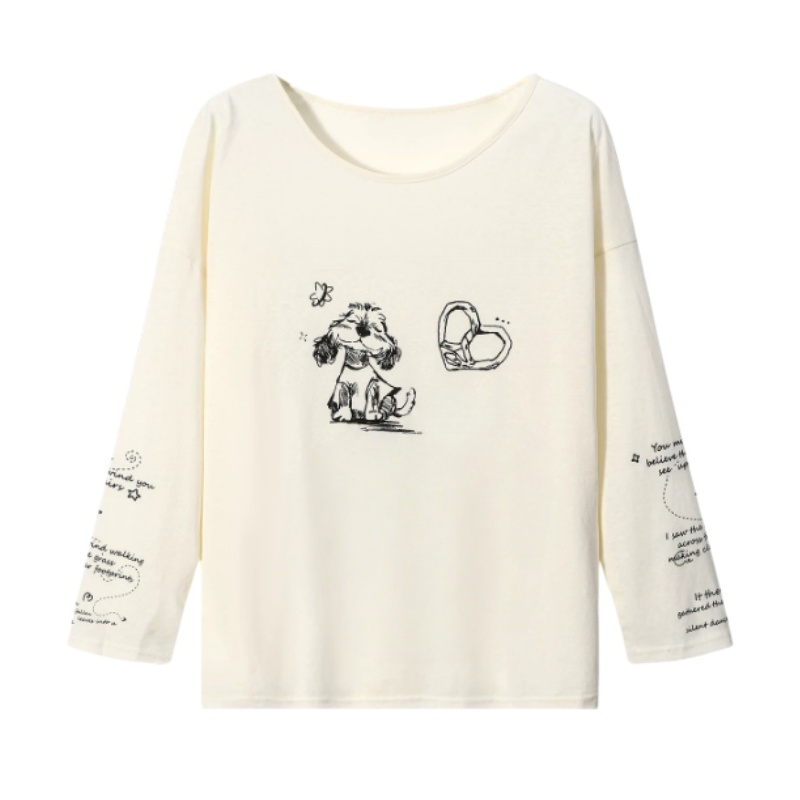 Hand-Drawn Puppy Print Long-Sleeve Top — Apricot